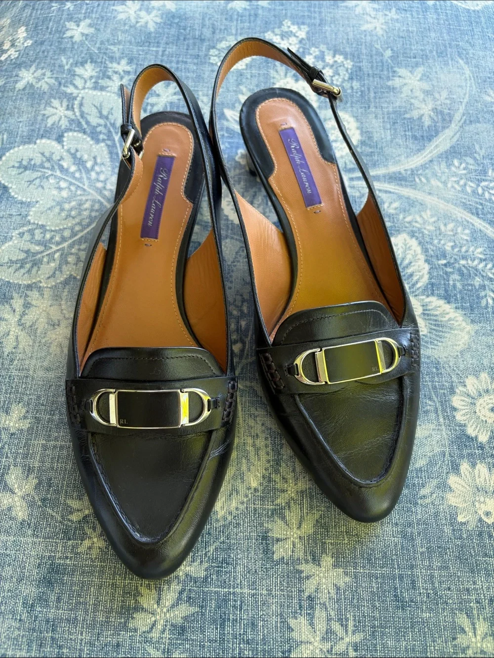 Ralph Lauren Purple Label Black Leather Slingback Loafers